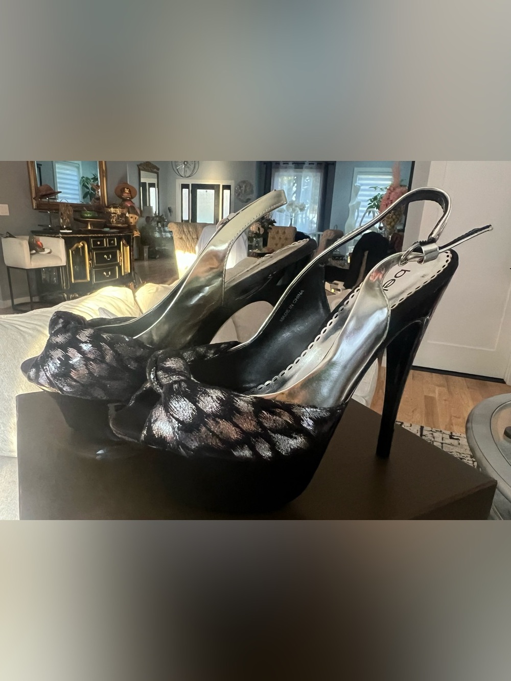 bebe Black Shimmery Knot Platform Slingbacks